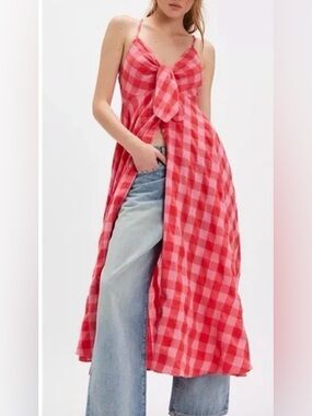 Free People Via Midi Dress In a Bohemian Red Gingham Print Size Small NWT